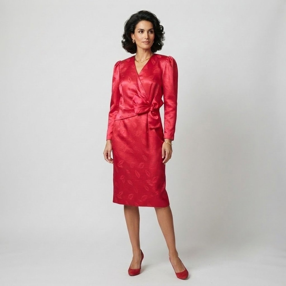 Vintage 80s Jacquard Sheath Dress Womens Medium Pink Bow Leaf Party Cocktail